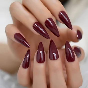 

24pcs Burgundy Sharp Point Stiletto False Nail Tips Acrylic Salon Full Cover Press On Fake Nails With Jelly Glue Sticker