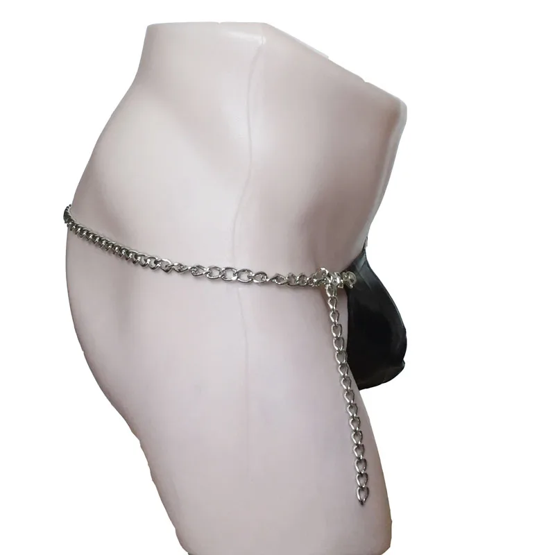 Male Underwear Sexy Wet Look Patent Leather Bulge Pouch G-string Bikini Metal Chain Waist Restraint Shorts Fetish Lingerie Men