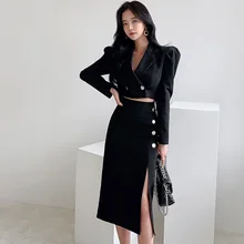 Womens ol 2 peças ternos blazers curto jaqueta topo de colheita + single breasted divisão bainha bodycon lápis saia nova senhora do escritório conjunto