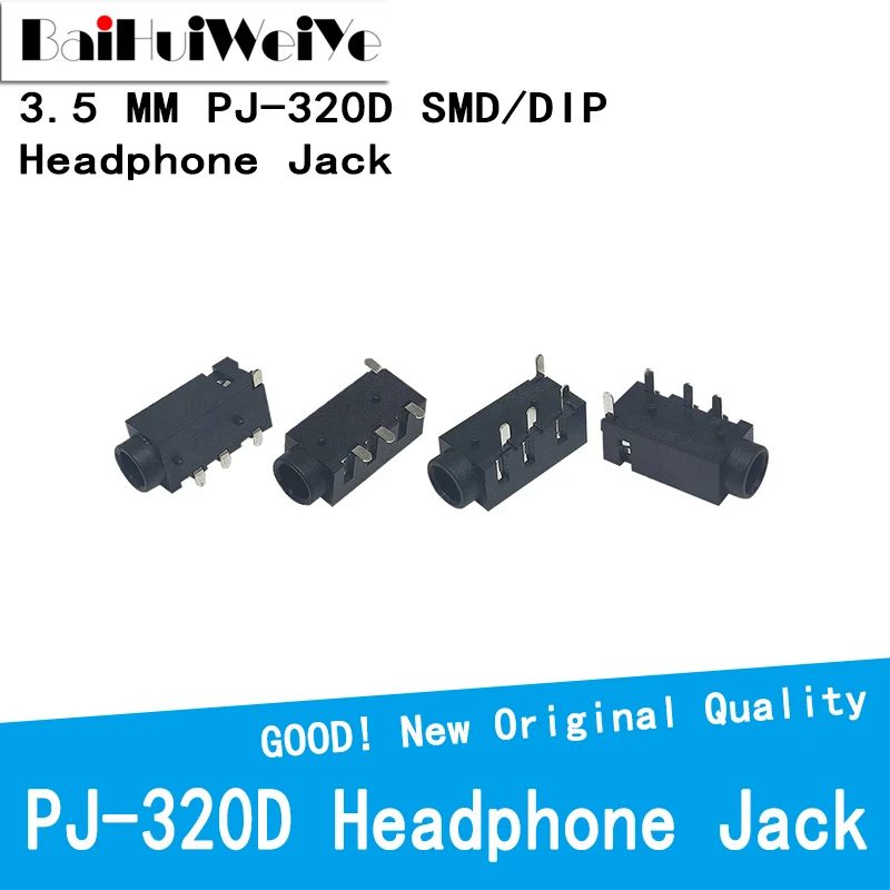 20PCS/LOT 3.5 MM Headphone Jack Audio Jack PJ-320D 4-Line Pin Female Connector DIP SMD Stereo Headphones PJ-320A PJ320D PJ320 2 5mm earphone plug audio jack 3 pole 4 pole stereo headset metal golden plated copper soldering 6 0mm wire hole line connector