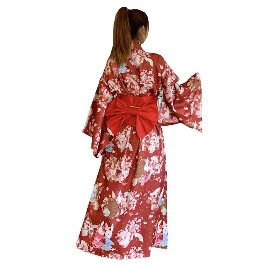 Traditional Cute Kimono Dress for Women Japanese New Year Long Sleeve Vintage Yukata with Belt Girls Kawaii Furisode Performance
