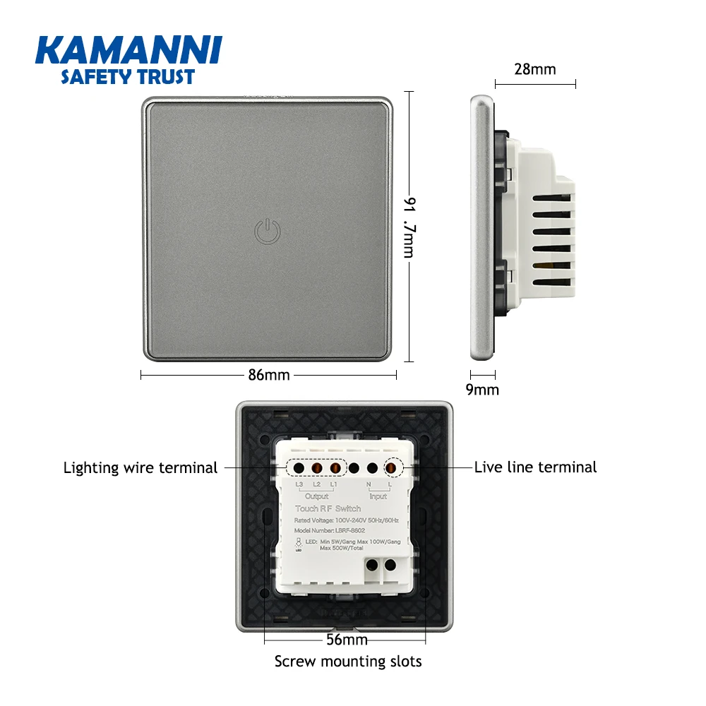 KAMANNI, Настенный умный сенсорный выключатель, стандарт ЕС, переключение, светодиодный светильник, стеклянная панель переключателя, 1 комплект, 1 канал, 100 В-240 В, сенсорный экран