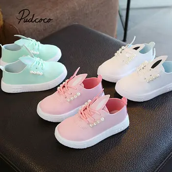 

2019 Baby Casual Shoes Children Baby Girls Kids Princess Pearl Shoes Elastic band Rabbit Bandage Sweat Color Shoes 21-23 cm