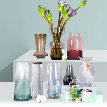 

Colorful Glass Vase Home Decoration Ornaments Transparent Flower Vase Flowerpots Polygon Figurine Crafts Wedding Accessories