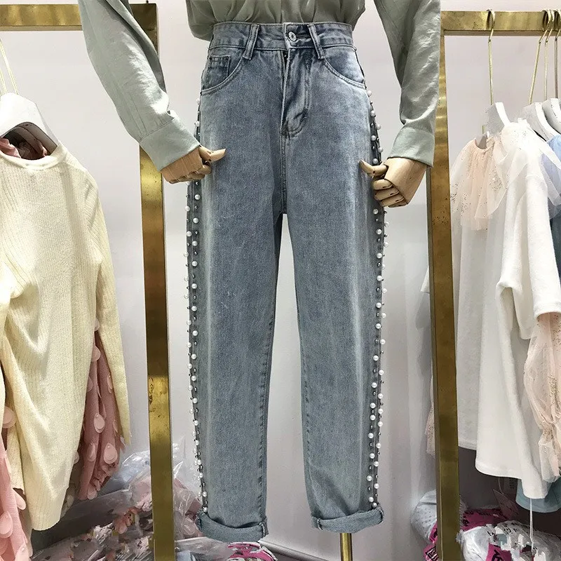Женские бусины из осенней коллекции с высокой талией JJeans элегантные однотонные свободные джинсы Широкие брюки повседневные джинсовые брюки
