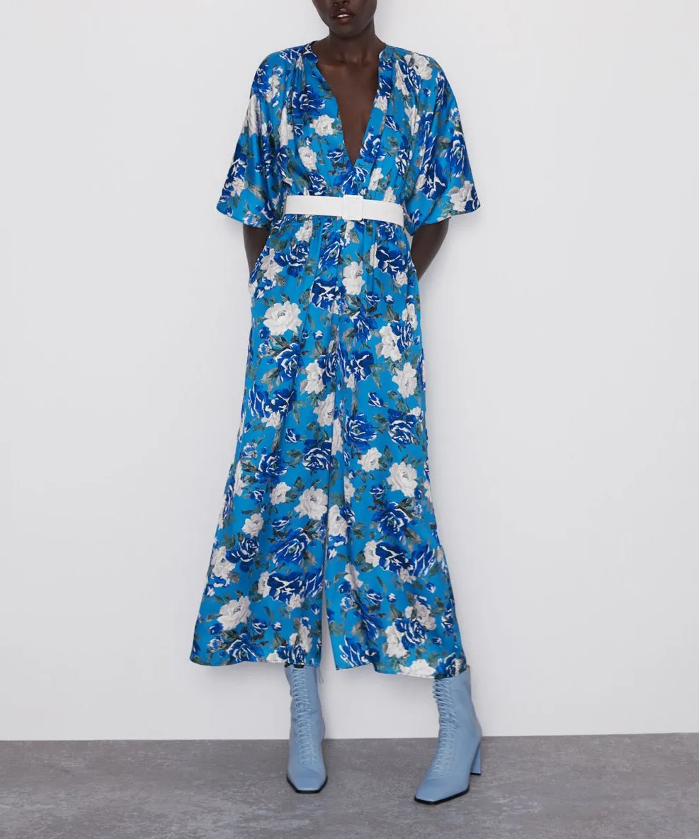 

Womens Blue Long Print Jumpsuits Sashes Casual Loose Wide Leg Rompers Short Sleeve Jumpsuits