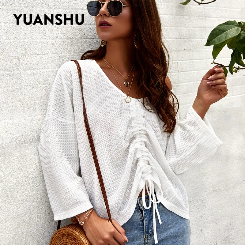 

YUANSHU Elegant V Neck Drawstring Knitted Pullover Women Sweater 2019 Spring Autumn New Solid Slim Loose Jumper Clothes