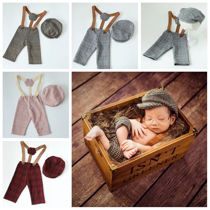 0-1M Newborn Baby Photography Props Girl Boy Clothes Hat Plaid Costume Little Gentleman Outfit Baby Photoshoot Accessories Pants