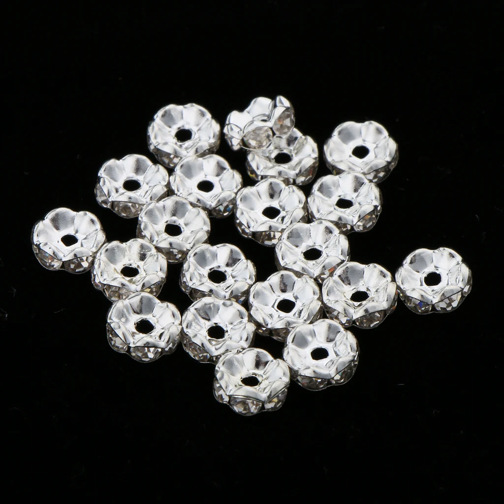 100 Pcs 8mm silver color Stainless Steel Rhinestone Loose Beads Spacer DIY Findings Flower /Round Style for NecklaceBracelet Jewelry
