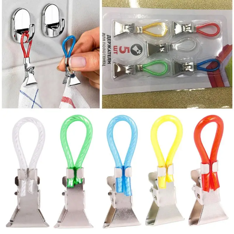 5pcs Tea Towel Hanging Clips Clip on Hooks Loops Hand Towel Hangers