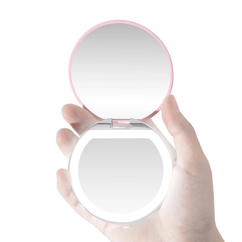 Portable Mini Makeup Mirror Compact Pocket USB Chargeable Two-side Folding Makeup Mirror with LED Light Cosmetic for Gift
