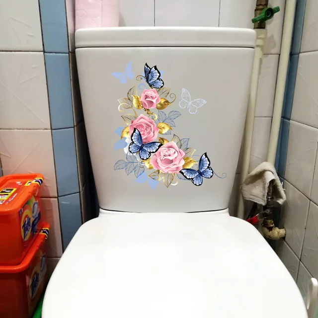 Zttzdy 23Cm × 25,6 Cm Finom Virág Illusztráció Otthoni Fal Dekoráció Rózsaszín Rózsa Kék Pillangó Wc-Matricák T2-0889 - Image 3