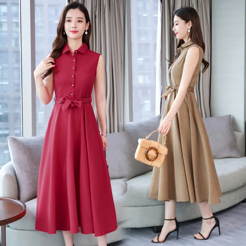 

2019 Summer New Style Korean-style Slimming Cotton Linen Large Size Slim Fit Mid-length Dress Women's Fashion