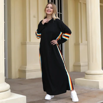 

Siskakia Sweatshirt Dress 2020 Black Plus Size Casual Fashion Colored Stripe Patchwork Side Split Maxi Hooded Long Dress Loose