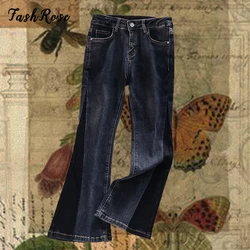 Fashrose retalhos y2k baixa ascensão denim bota corte jeans azul retro estética zip up calças fadas grunge 2022 estilo coreano