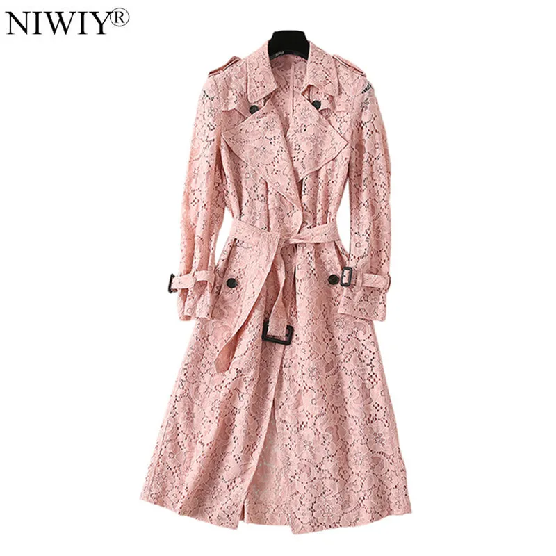 

New Autumn Openwork Blue Lace Trench Coat Chaquetas Mujer Invierno 2019 Long Sleeve Pink Women Coat Campera Mujer D9058