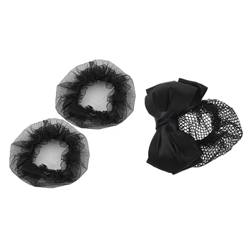 

1x Woman Black Two Layers Polyester Bowtie Hair Bun Cover Hairclip & 2 Pcs Nylon Mesh Stretchy Ballet Bun Hair Covers Hairnet Bl