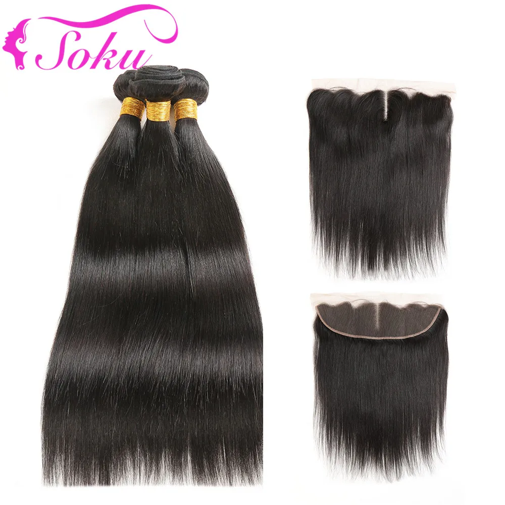 

Brazilian Straight Human Hair Bundles With Frontal 13*4 SOKU 3 PCS Hair Weave Bundles With Closure Natural Color Non Remy Hair