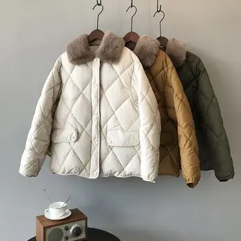 

Parka Women Winter Faux Fur Neck Coat Long Sleeve Buttons Pockets Thick Warm Outwear Jacket Female Padded Zipper Jackets