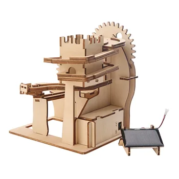 Marble Run DIY Solar Energy Waterwheel 3D Wooden Puzzle Model Building Kits Assembly Toy Gift for Children Adult