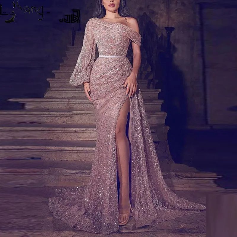 2020-Couture-Mermaid-Prom-Dresses-Long-Shiny-Lace-One-Shoulder-Side-Split-Sexy-Evening-Dress-Gala_副本