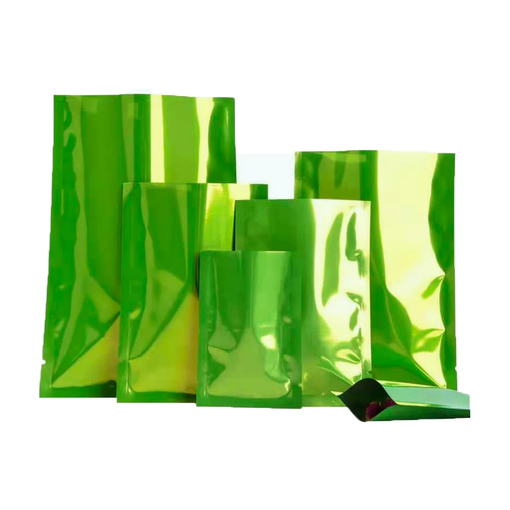 

1000Pcs Disposable Heat Vacuum Seal Waterproof Packaging Pouches Glossy Green Mylar Foil Open Top Tear Notch Food Snack Nuts Bag