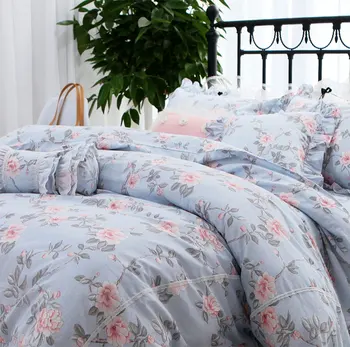 

Pastoral blue flower bedding set girl,twin full queen king cotton single double home textile bed skirt pillow case duvet cover