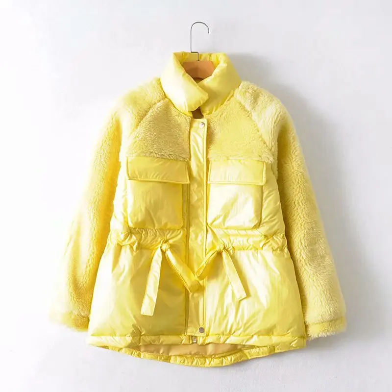 

37my-1028 Korean-style WOMEN'S Wear 2019 Autumn And Winter New Style Drawstring Lambswool Joint Bright Surface Cotton Overcoat