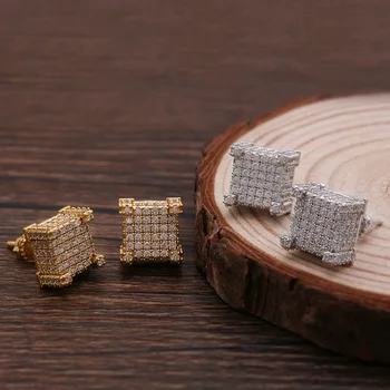 

Gold Silver Color Iced Out Square Bling Stud Earring Men Hip Hop Luxury Zircon Stud Earrings For Women Jewelry