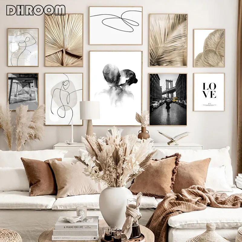 

Nordic Poster Banana Leaf Plant Abstract Line Wall Art City Landscape Print Canvas Painting Wall Pictures for Living Room Decor