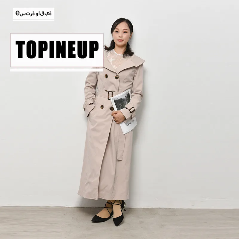 

2019 Elegant Fashion Long Slim Temperament Outrwear With Belt Elegant Solid Color Lapel Full Sleeve Long Trench Coat