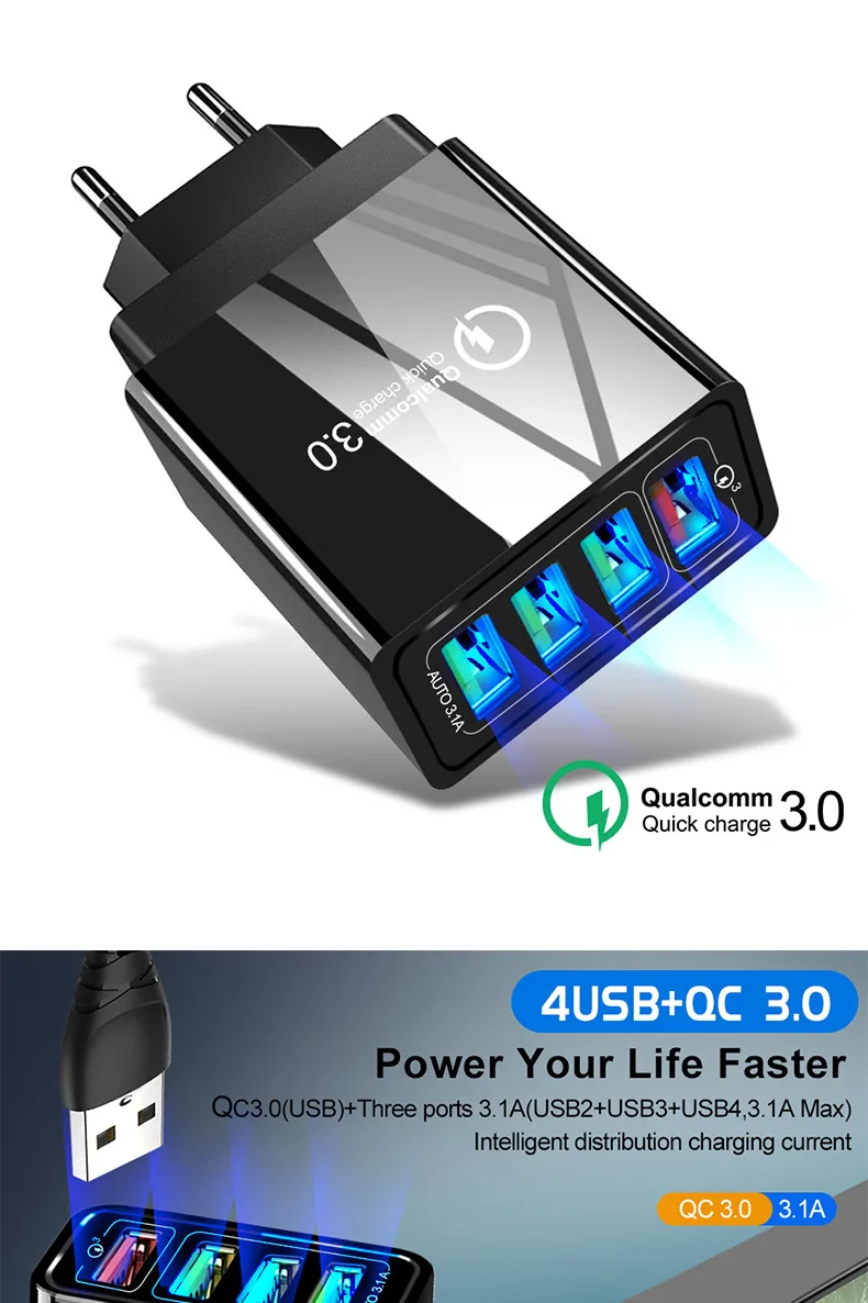 3,0 USB 3 порта быстрое зарядное устройство для samsung S8 S9 Xiaomi Mi 8 быстрая настенная Зарядка для iPhone 7 8 X XS Max iPad US EU версия