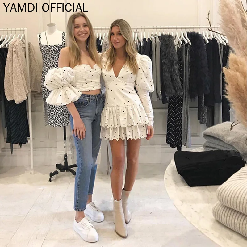 YAMDI Подиумные женские платья в горошек женские осенние белые Мини платья с длинным рукавом глубокий v-образный вырез пышные шикарные модные Vestido