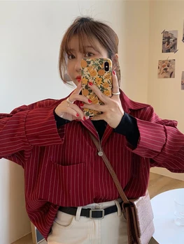 

COIGARSAM 4XL Plus Size Casual Striped Shirt Womens tops New Spring Vintage Full Sleeve Women shirts Gray White Red Black 989