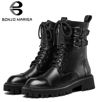 

BONJOMARISA Genuine Leather Round Toe Buckle Motocycle Boots Fashion Brand Low Heel Boots Women 2020 shoes lace Shoes Woman