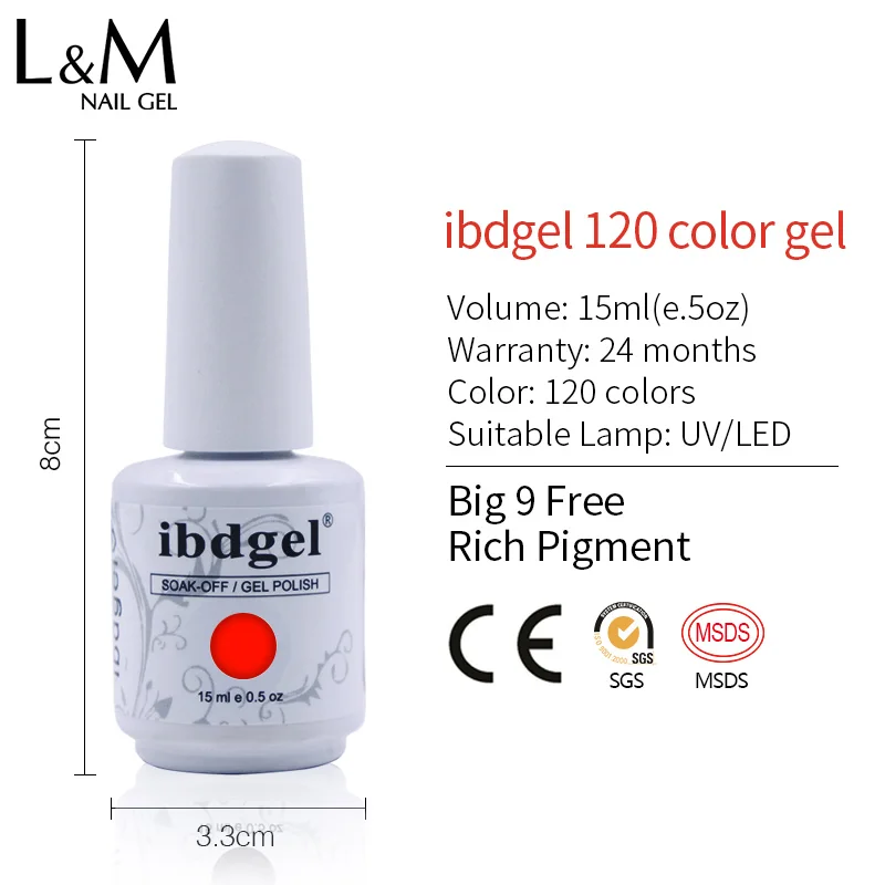 1 шт. бренд ibdgel Светодиодный УФ излечиваемый замочить от 15 мл богатый 120 Цвет лак для ногтей