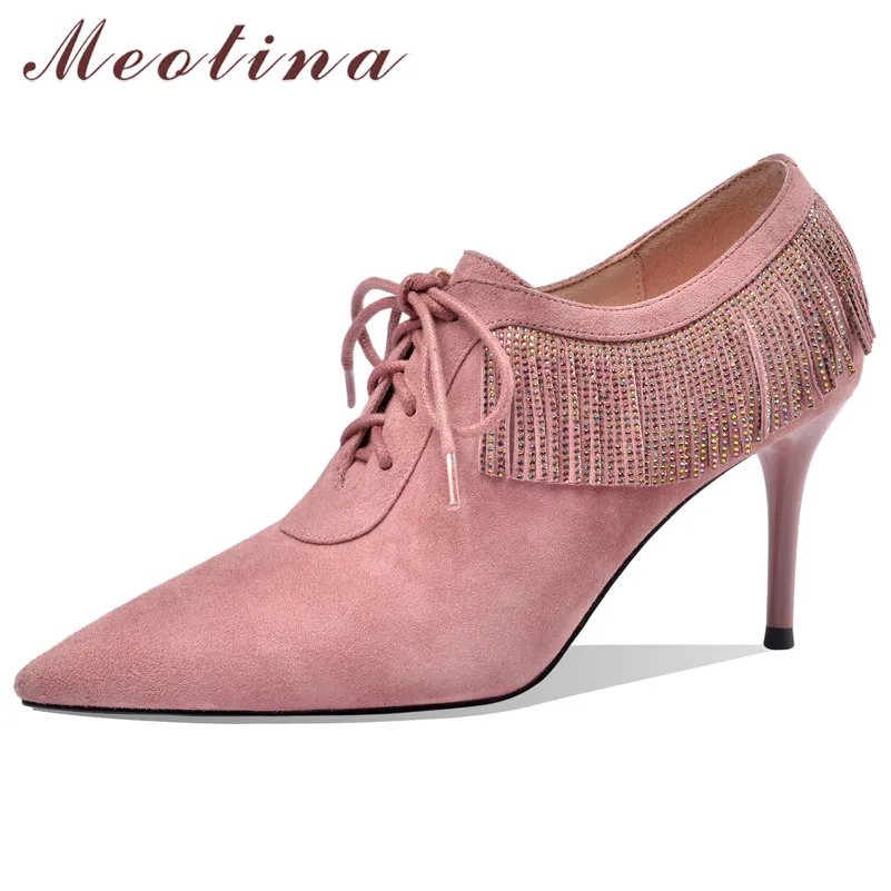 

Meotina High Heels Women Pumps Kid Suede Thin High Heel Party Shoes Real Leather Fringe Pointed Toe Shoes Female Pink Size 34-40