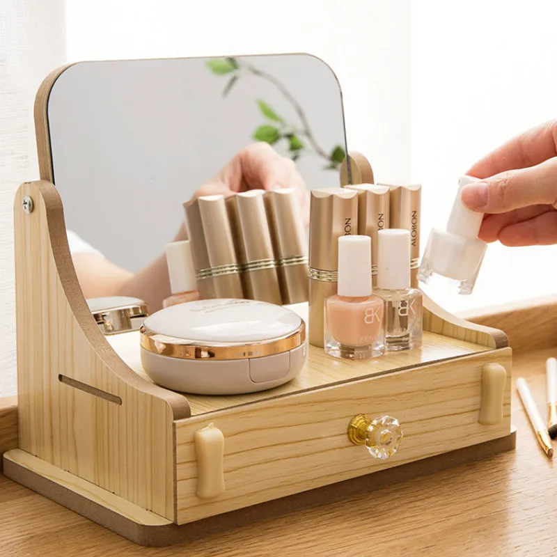 Rotating makeup mirror drawer storage Storage Box Home Drawer Mirror Dresser Container Boxes Makeup Skin Care