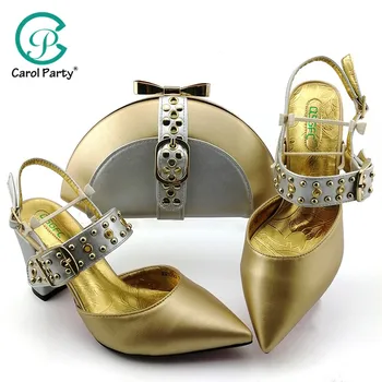 

Special Italian Design with Matching Bags Set Decorated with Party Shoes for Women Party Pumps in Gold