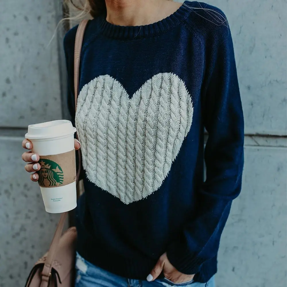 Casual Autumn Winter Pullover Long Sleeve O Neck Heart Knitted Women Sweaters Slim Pull Femme Jumpers 3XL Size Loose Sweater