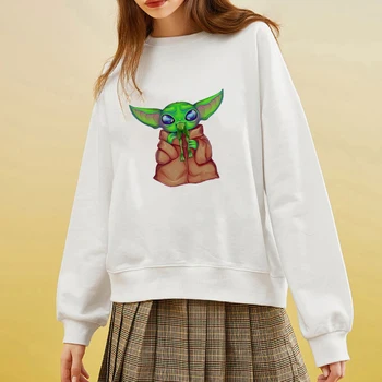 

Showtly Women Sweatshirt And Hoody Ladies Baby Yoda Printed Casual Pullovers Girls Long Sleeve Spring Autumn Winter White