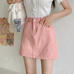 2022new primavera verão feminino clássico cor sólida a line saias jeans casual feminino elástico da cintura senhoras rosa preto saia jeans
