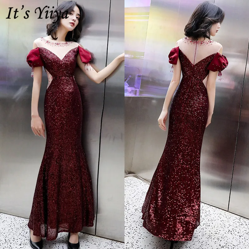 

It's YiiYa Formal Dress Sequined O-Neck Short Sleeve Robe De Soiree K138 Mermaid Illusion Evening Dresses for Women