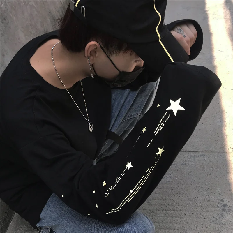 Woherb Harajuku Светоотражающая футболка для женщин и мужчин Уличная Повседневная Корейская футболки для пар топы с длинными рукавами принт Звезды футболки