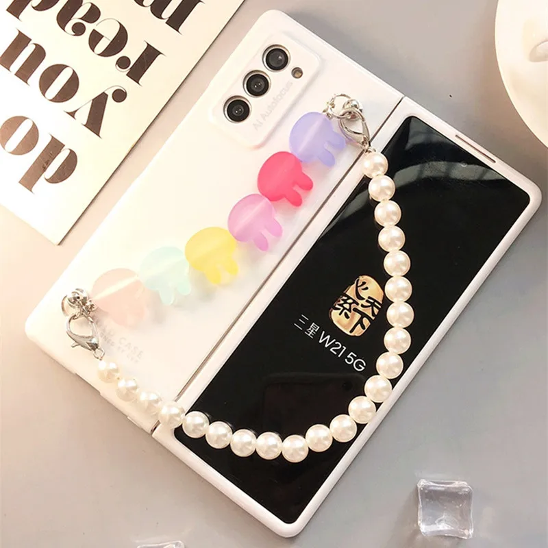 Per Samsung Galaxy Z Fold 5 4 3 2 5G Luxury Fashion Super Cute Candy Rabbits Pearl Hand Chain Cover Posteriore Rigida Verniciata Bianca
