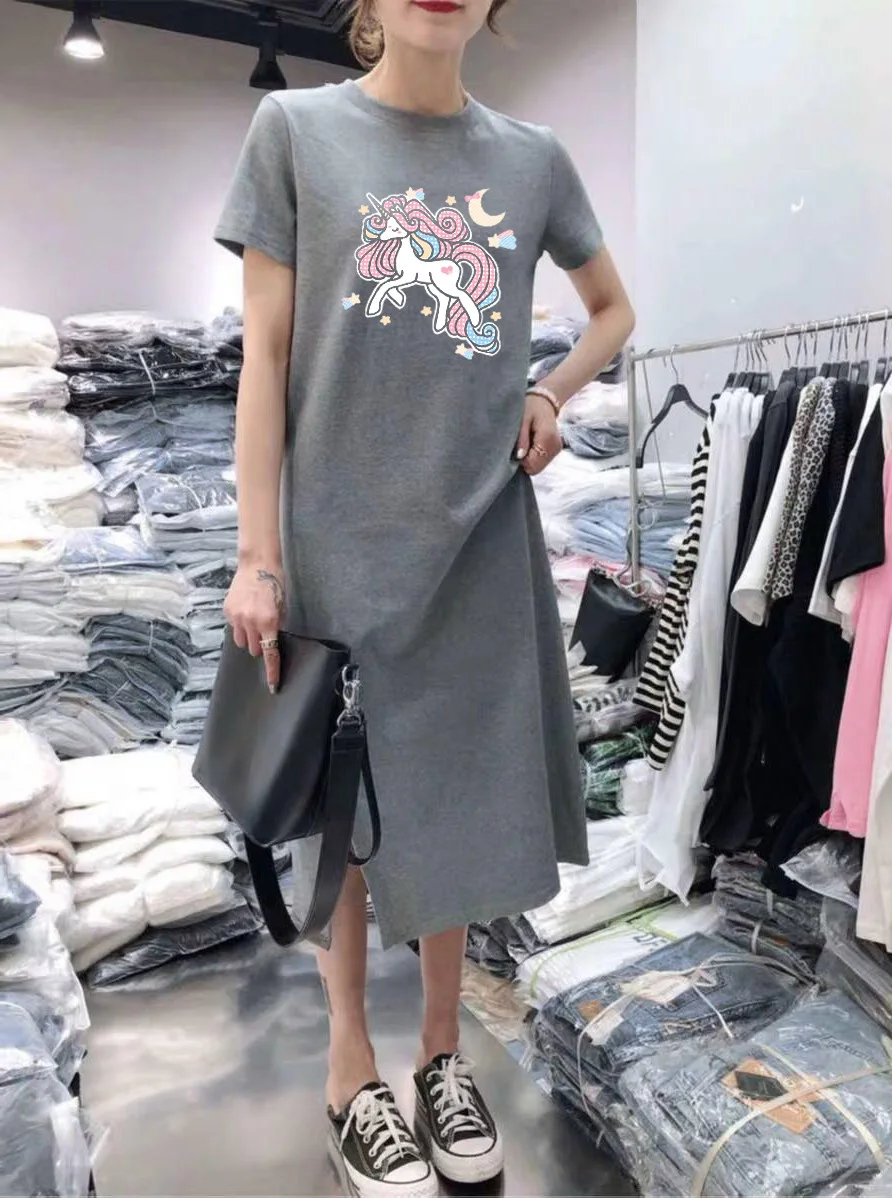 

Korean-style Summer Cute Mid-length by Age Loose-Fit Unicorn Short Sleeve Women's T-shirt Dress Cartoon Printed Full Body Dress