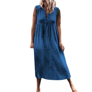 

Womail linen dresses summer 2020 Blutton Sleeveless linen dresses large plus size beach dresses plus size women