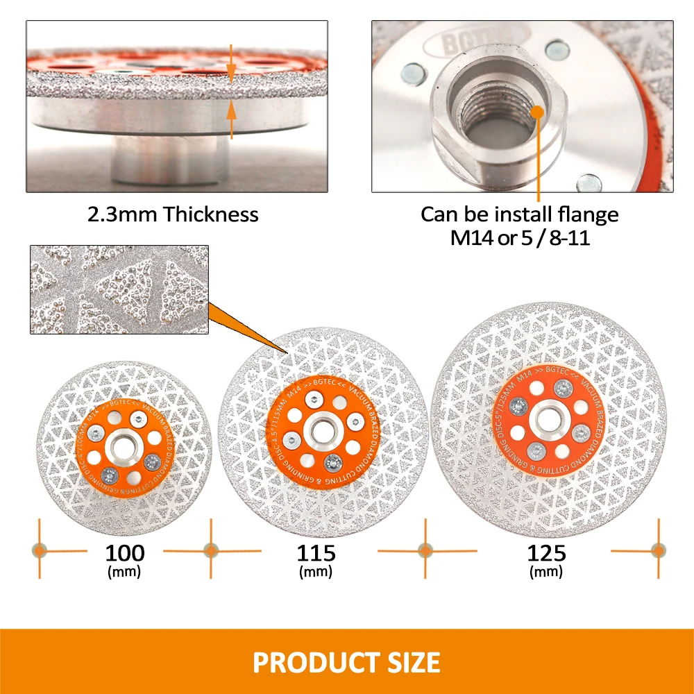 BGTEC 1pc 4/4.5/5&ldquo; Double Sided Vacuum Brazed Diamond Cutting Disc Grinding Marble Granite Stone Tile Saw Blade M14 Thread