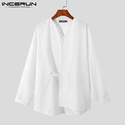 INCERUN 남성용 V넥 긴팔 셔츠, 단색 스트리트웨어, 한국 캐주얼 불규칙 셔츠, 2023 버튼, 루즈 캐미사, 패션 3