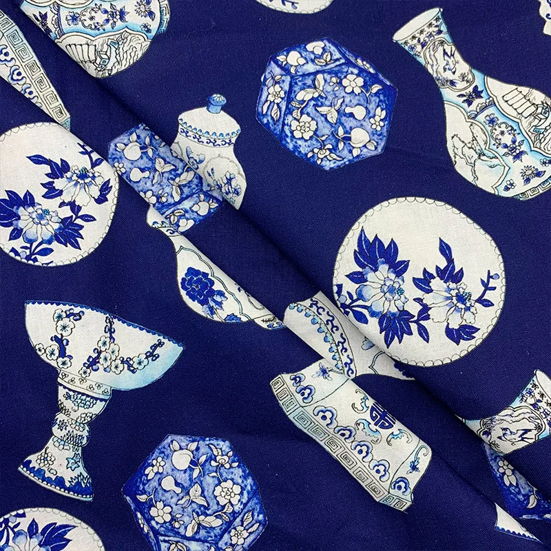 Beautiful 100% Cotton Fabric Blue and White Porcelain Pattern Digital Print Sewing Material DIY Home Patchwork Dress Clothing